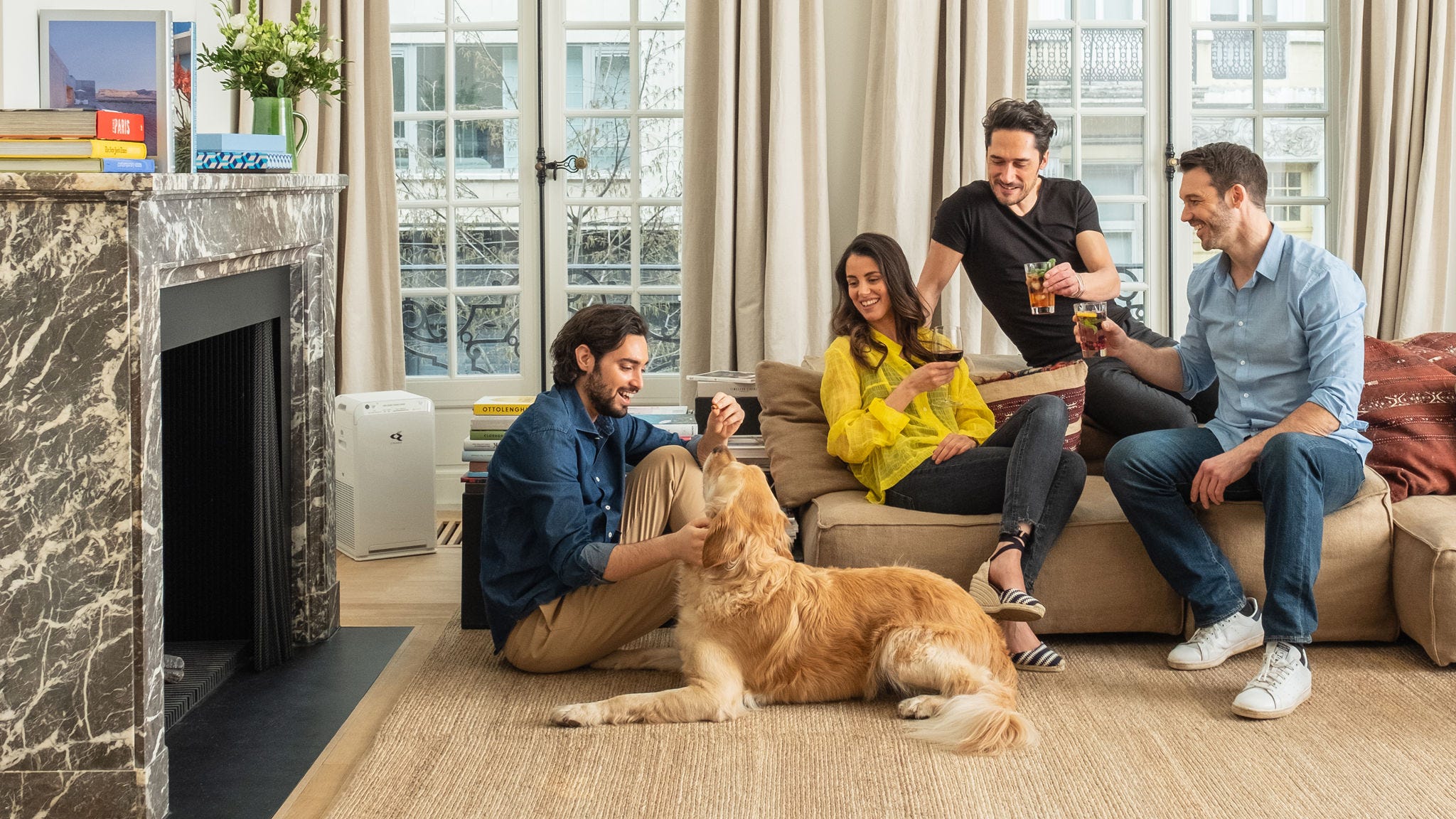 Un purificateur d'air réduisant les squames d'animaux dans un salon avec un chien