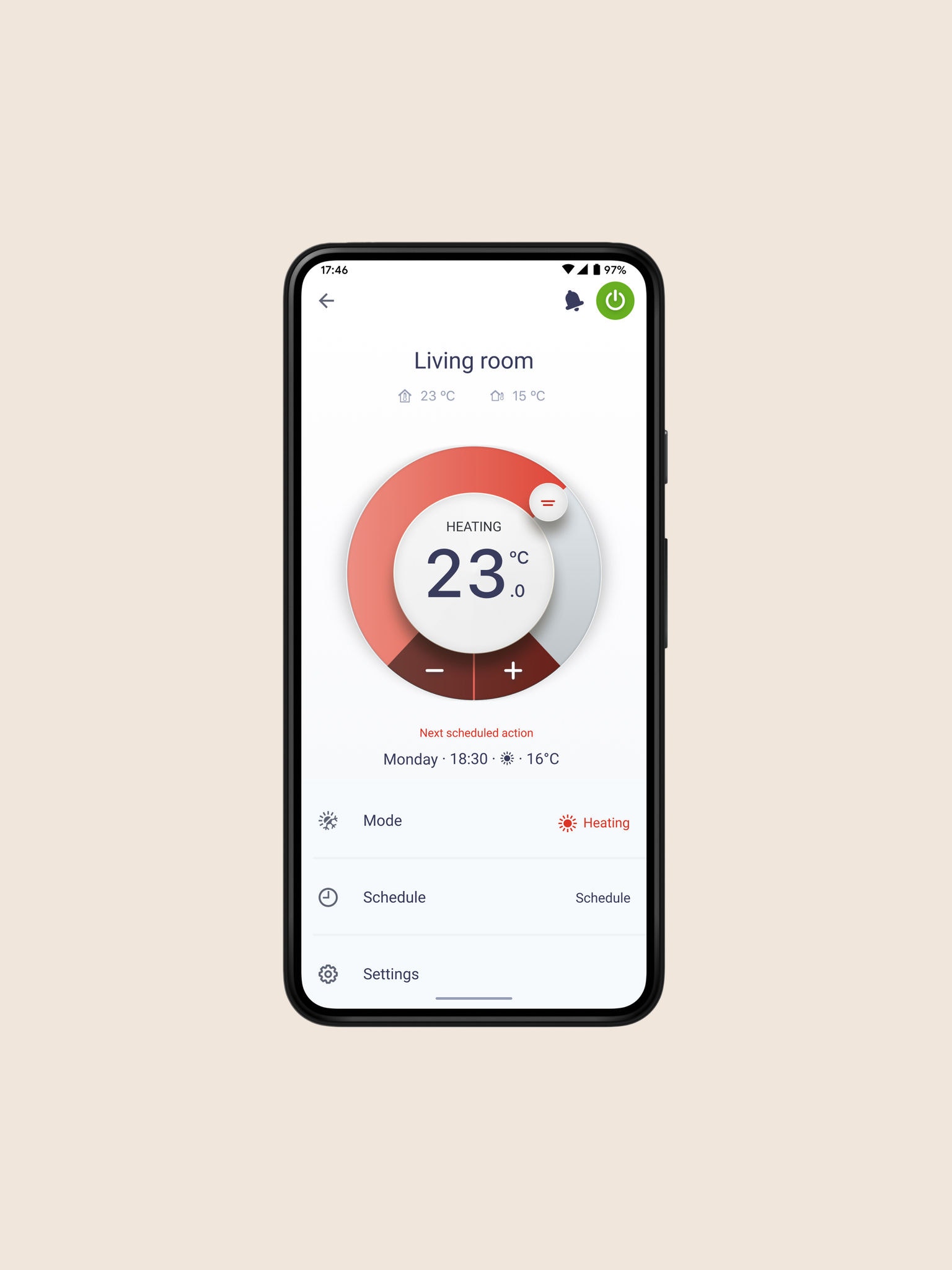 Vue avant d'un smartphone avec l'application Daikin Onecta ouverte