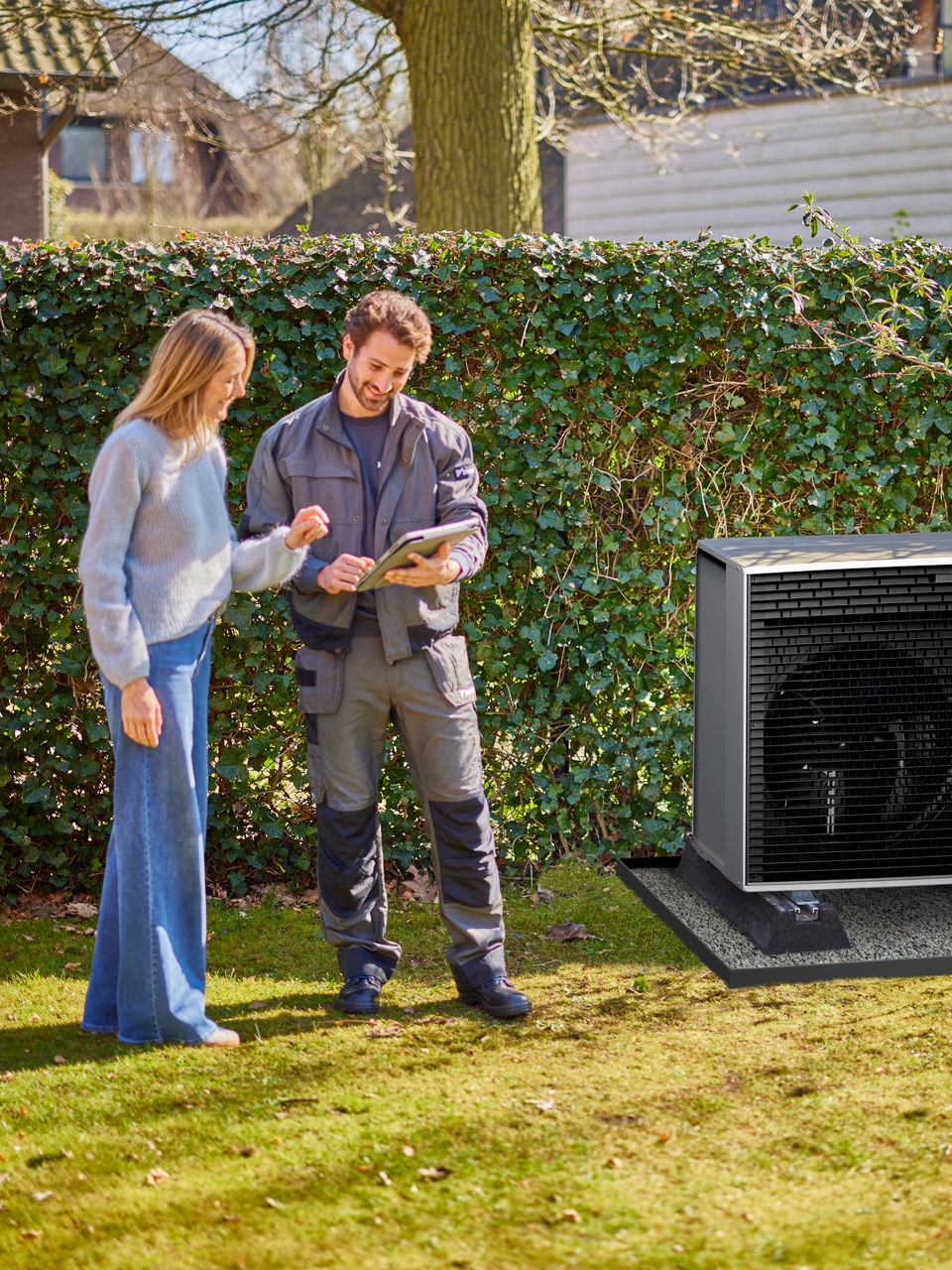Installateur expliquant les commandes de la pompe à chaleur à un propriétaire après l'installation dans le jardin